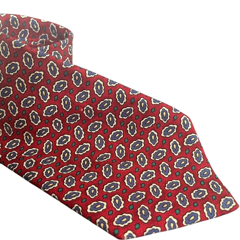 Polo Ralph Lauren Red Silk Medallion Geometric Print Mens Necktie Made By Hand
